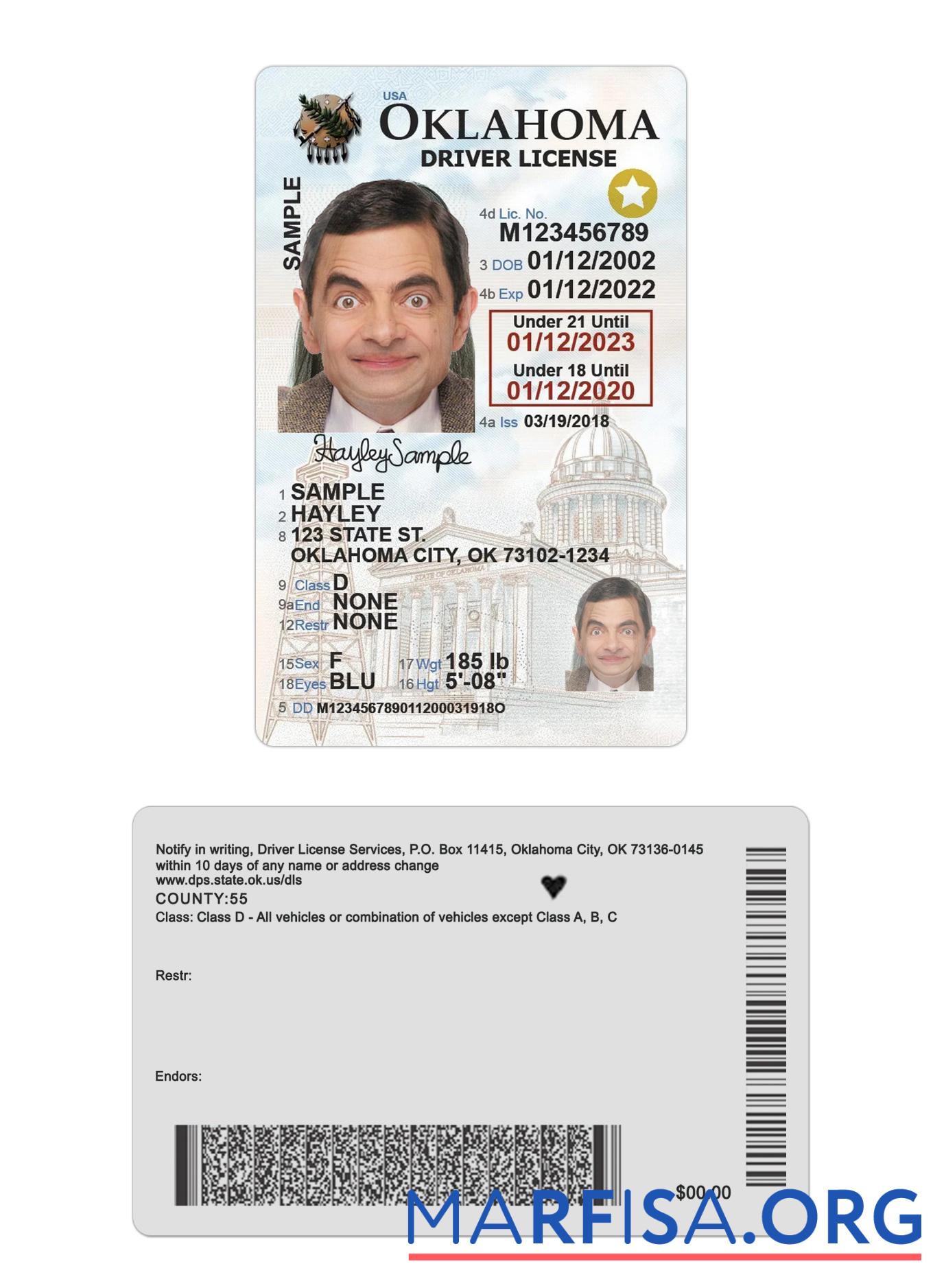 Printable USA Oklahoma under 21 driving license 2020 present example